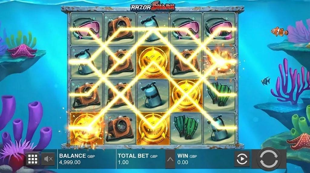Razor Shark 5 Walzen 4 Reihen Raster mit allen 20 festen Gewinnlinien