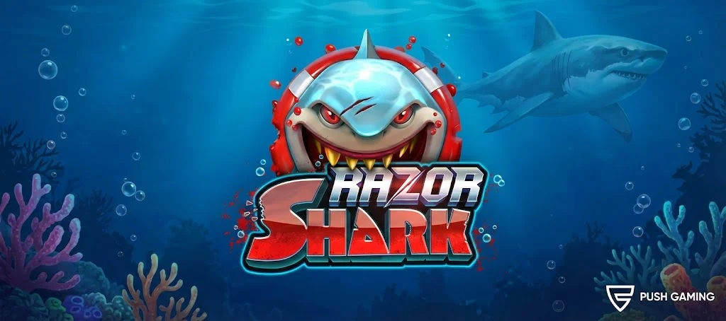 Razor Shark offizielles Spiellogo von Push Gaming mit Unterwasser-Hai-Thema